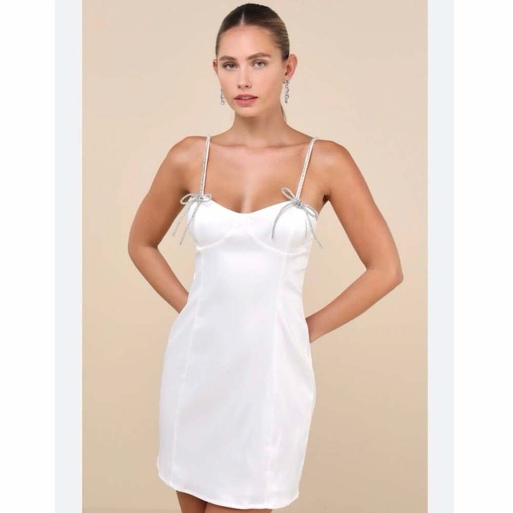NWT Collective The Label White Satin Mini Dress XS Rhinestone Bow Bridal - Picture 1 of 12
